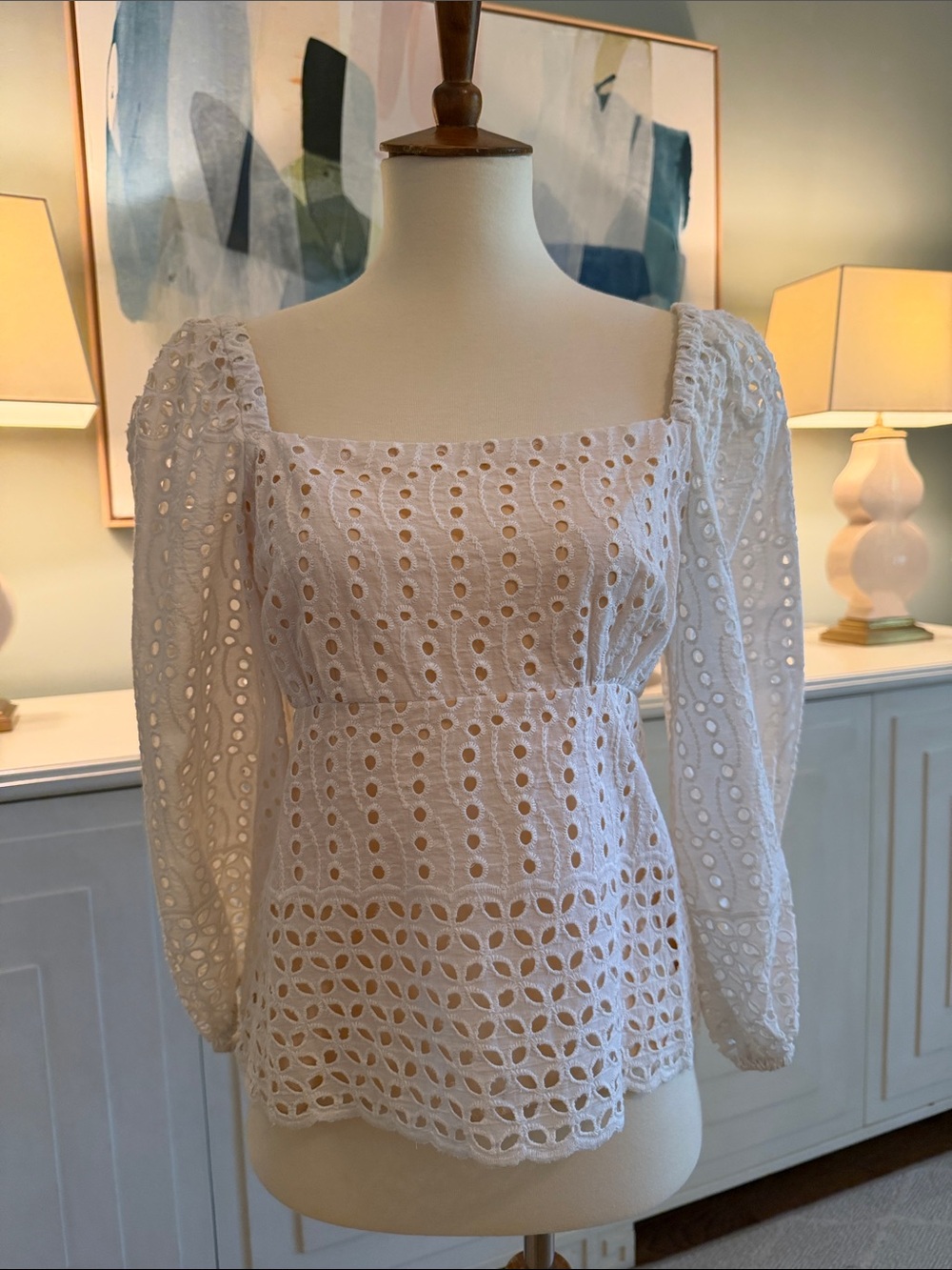 Women's Off White Eyelet Square-Neck  blouse